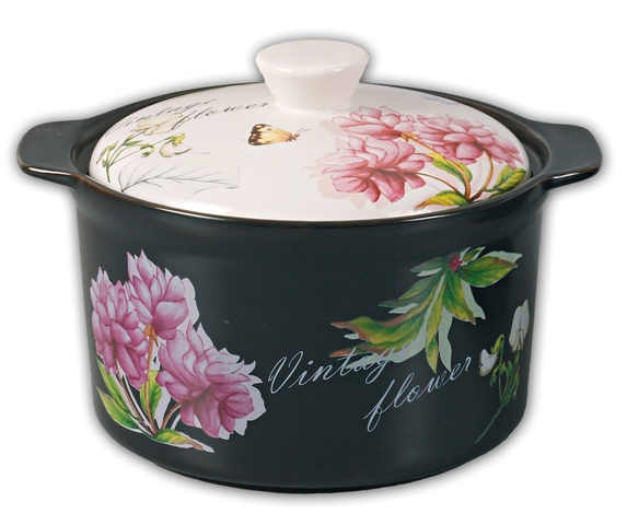 22cm Heat-resistant Clay Casserole - vintage flower - Click Image to Close